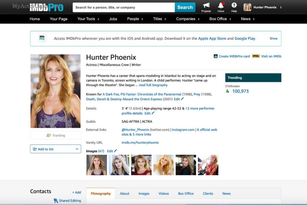 IMDB profiel voor actrice Hunter Phoenix