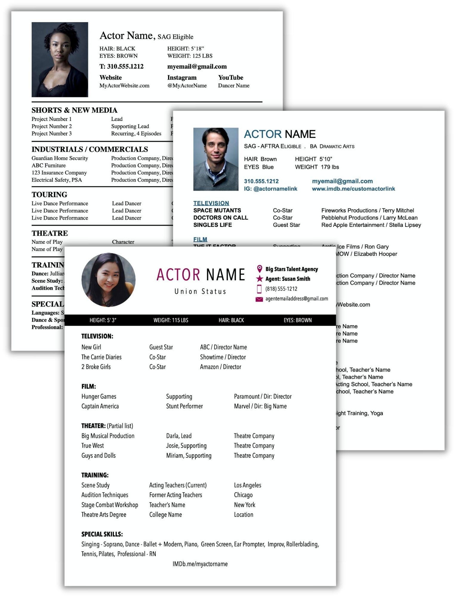 Actor resume templates. Resumes for professional actors.