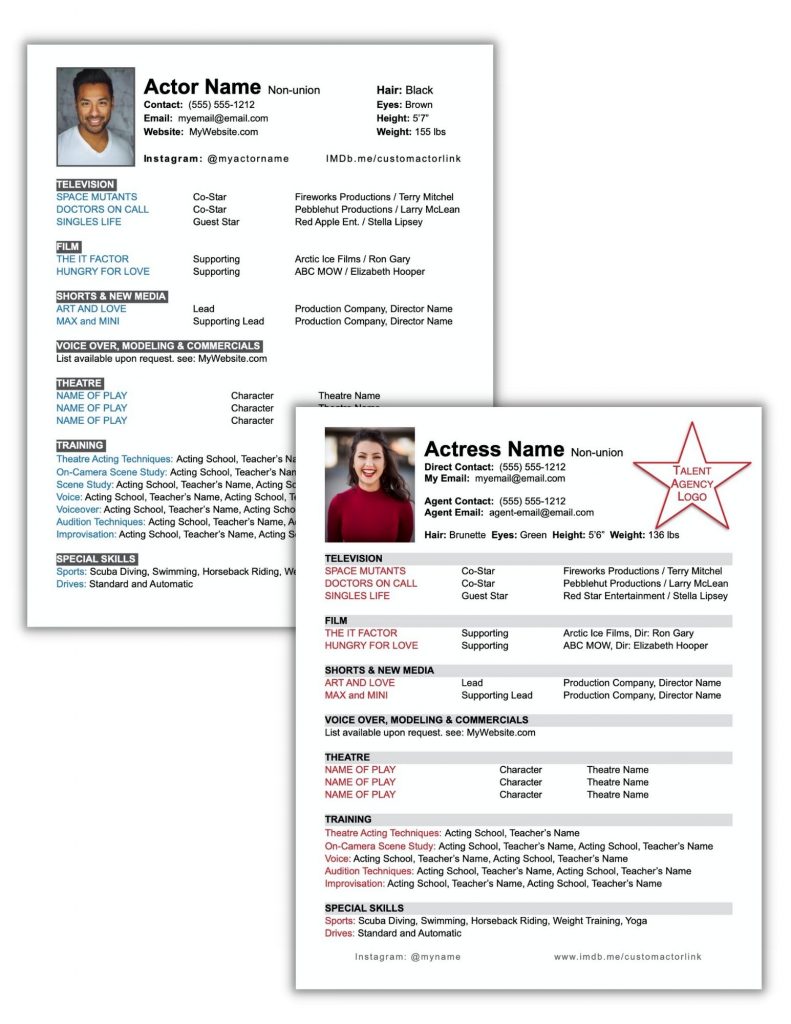 Actor's resume template. Downloadable resume for actors done for you design!