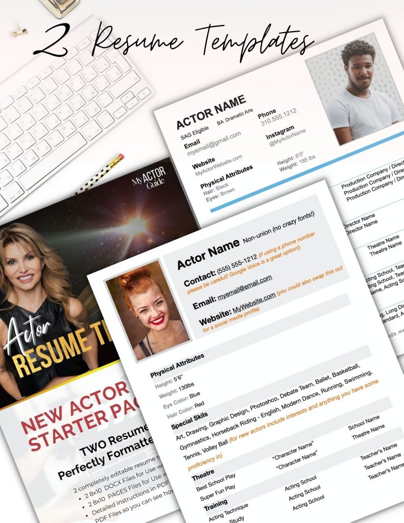 Resume templates for new actors. Actors resume downloadable design.